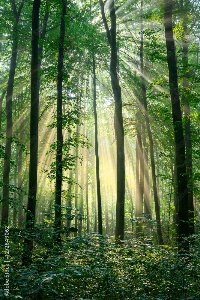 Fototapeta premium Beautiful sunny morning in green forest