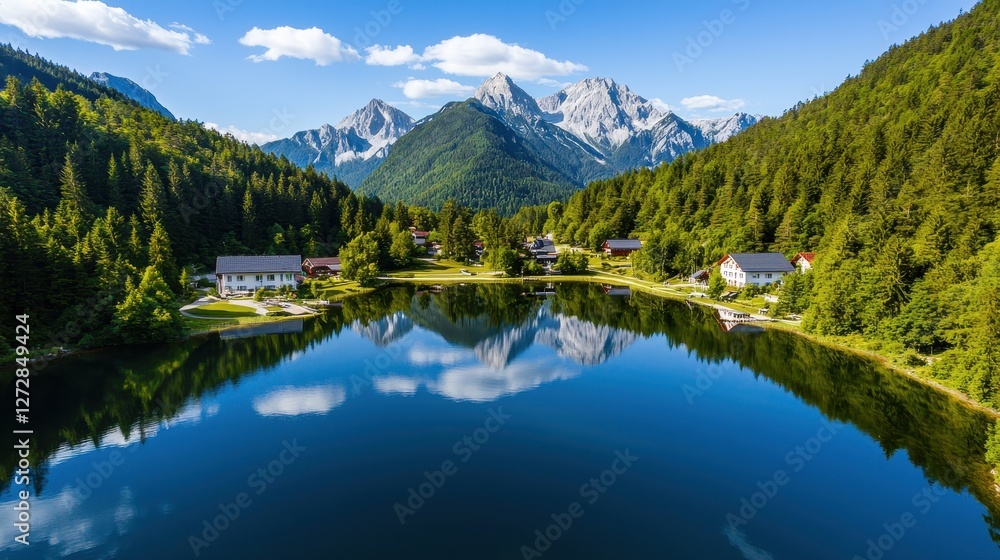 Scenic lake reflects mountains forest and houses under blue sky Scenic lake reflects mountains forest and houses under blue sky