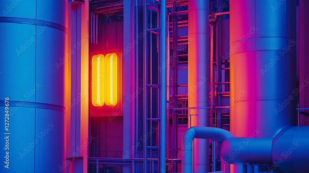Obraz premium Illuminated industrial facility interior with vibrant lighting.