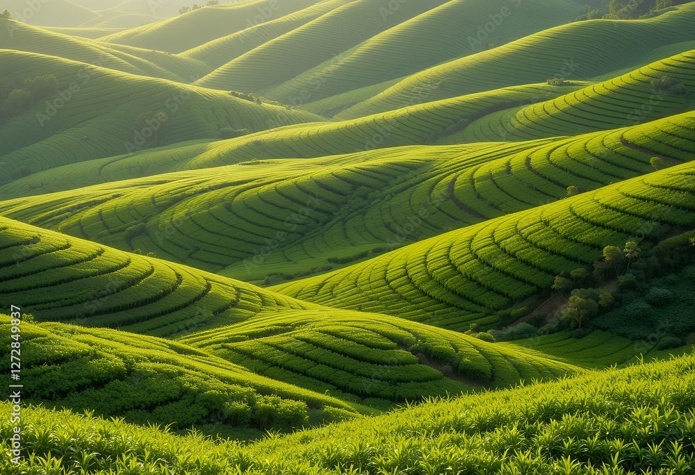 Fototapeta premium Lush Green Tea Plantations Rolling Hills Landscape in the Golden Morning Sunlight