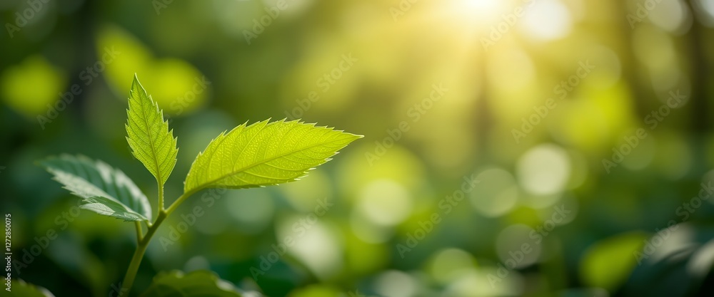 Sunlit New Growth, Tender Green Leaves Emerging in a Bright Spring Garden Setting Sunlit New Growth, Tender Green Leaves Emerging in a Bright Spring Garden Setting