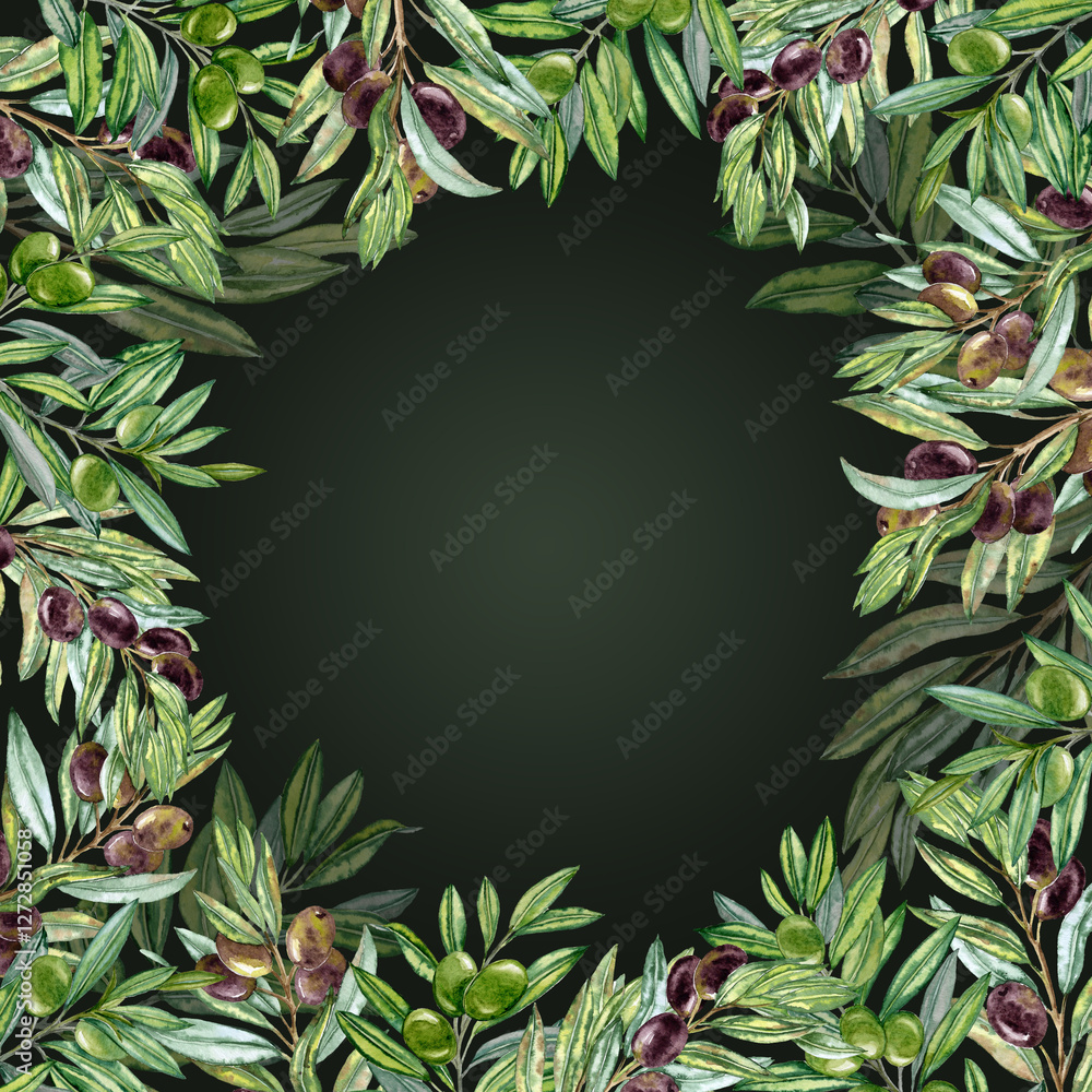 Naklejka premium Lush Frame with filiage. Aquarelle dark and green olives Branches
