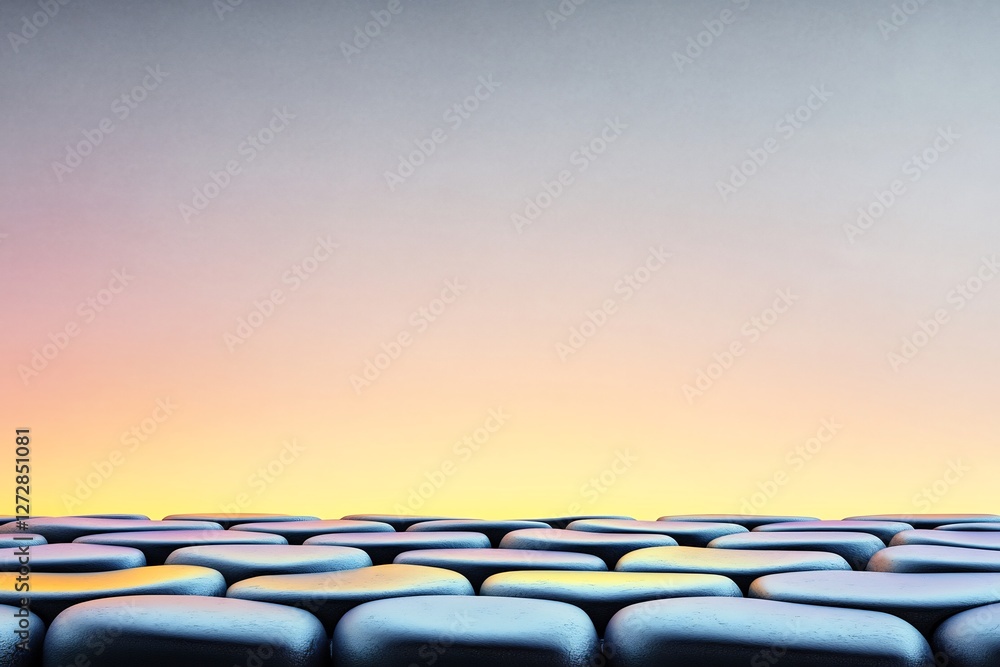 Fototapeta premium Smooth dark stones gently curve upward against a softly glowing pastel backdrop. AI Generated