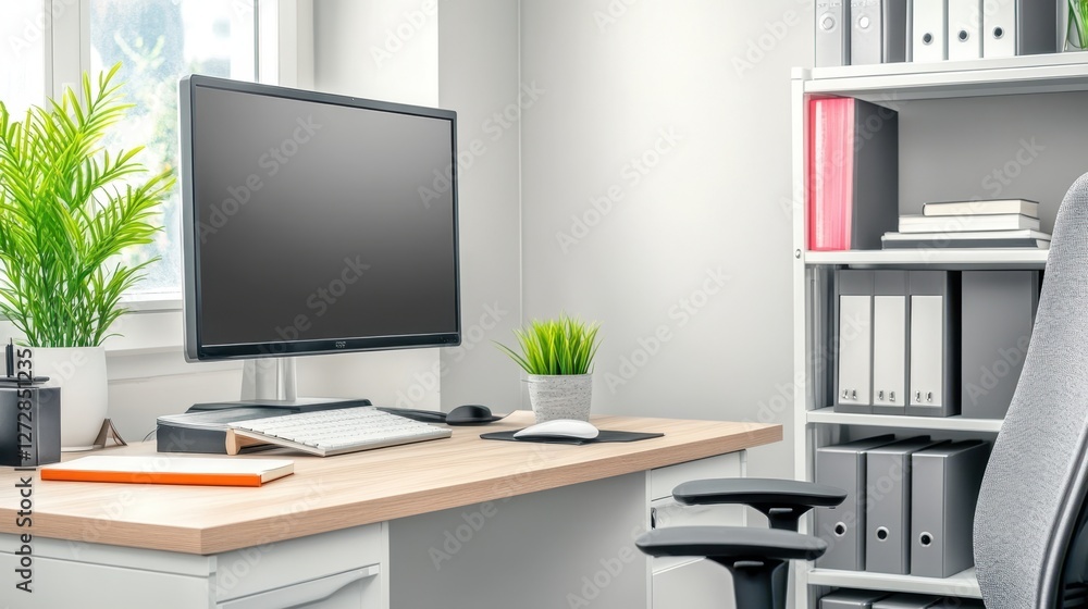 Modern Home Office: A contemporary home office setup with a clean, functional desk, computer, lush plants, and organized storage, creating an inspiring and productive workspace. Modern Home Office: A contemporary home office setup with a clean, functional desk, computer, lush plants, and organized storage, creating an inspiring and productive workspace.