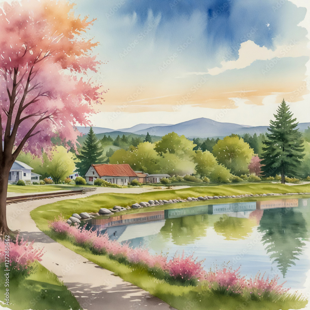 Fototapeta premium watercolor illustration of Fair Haven, Vermont, showcasing the peaceful Fair Haven Depot Park