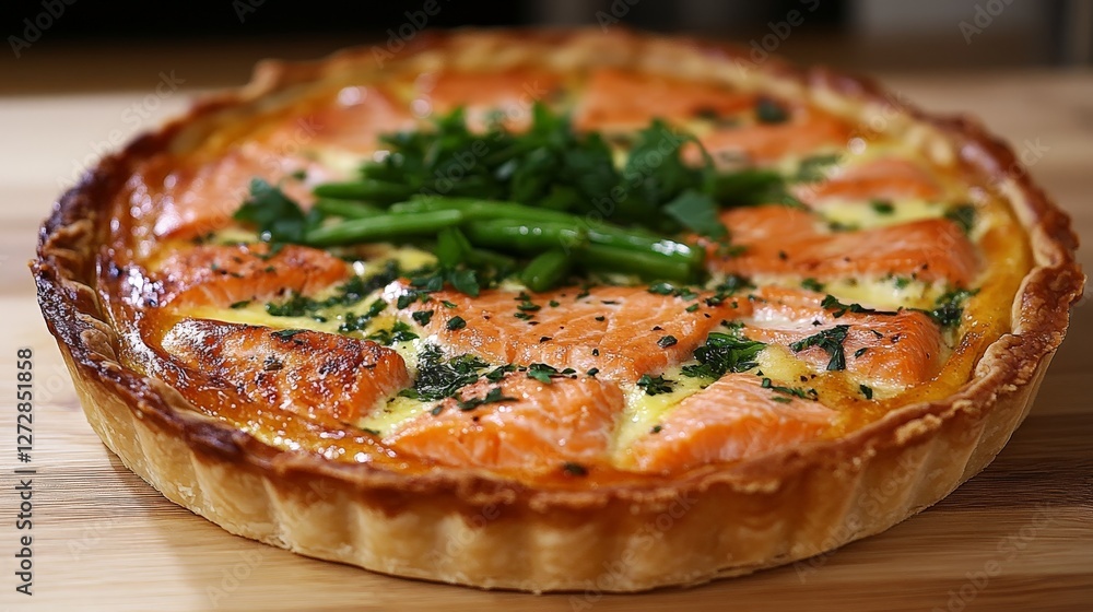 A beautifully baked salmon quiche topped with herbs and green beans, ready to serve. A beautifully baked salmon quiche topped with herbs and green beans, ready to serve.