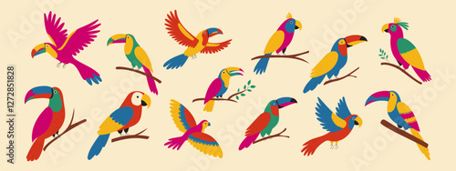 Tropical birds set. Exotic parrots, cockatoo, toucan. Vector illustration