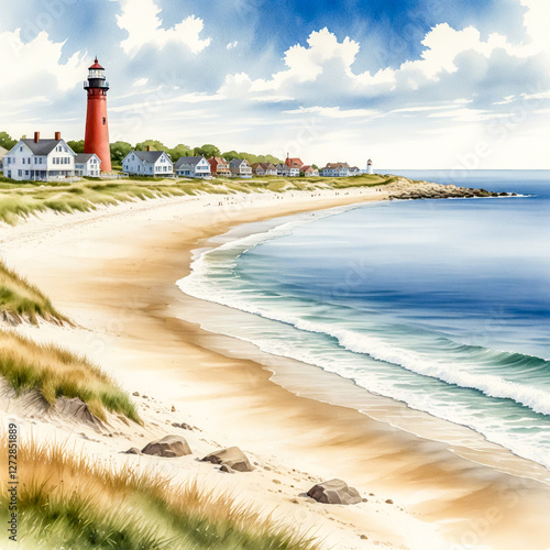 watercolor illustration of Narragansett, Rhode Island, featuring the popular Narragansett Beach