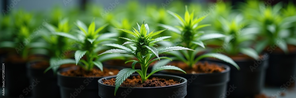 A vibrant display of young cannabis plants in pots, showcasing healthy growth in an indoor cultivation setting. Perfect for articles on agriculture, wellness, or sustainability. A vibrant display of young cannabis plants in pots, showcasing healthy growth in an indoor cultivation setting. Perfect for articles on agriculture, wellness, or sustainability.