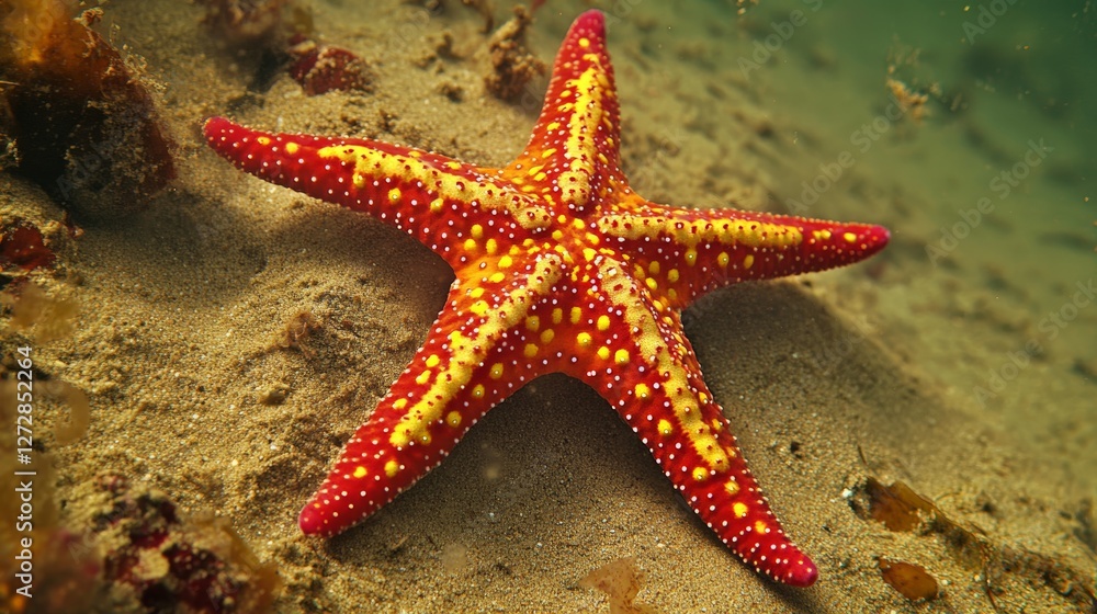Vibrant red and yellow starfish on ocean floor with sand and seaweed Vibrant red and yellow starfish on ocean floor with sand and seaweed