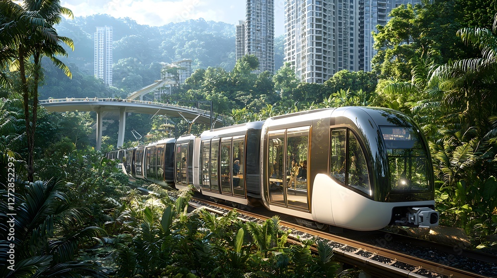 Naklejka premium Modern Electric Train Traveling Through Lush Tropical Cityscape