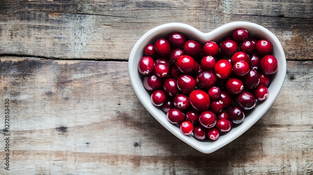 Cranberries in Heart Shaped Bowl on Rustic Wood Table Overhead View Cranberries in Heart Shaped Bowl on Rustic Wood Table Overhead View