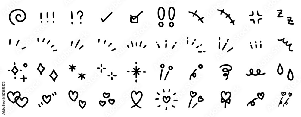 手書きの飾りイラストのベクターイラストセット。手描き、集中線、注目、ハート 手書きの飾りイラストのベクターイラストセット。手描き、集中線、注目、ハート
