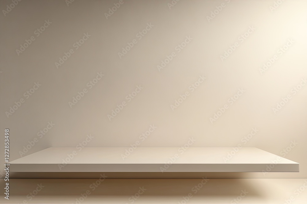 Minimalist white shelf against beige wall, empty, product display Minimalist white shelf against beige wall, empty, product display