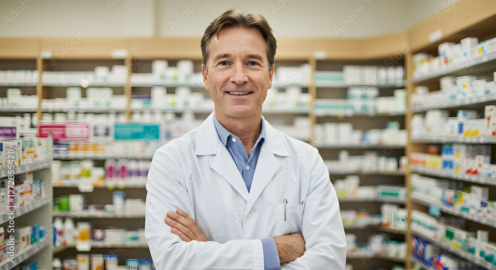 Male Pharmacist in Pharmacy, Generative AI image, Confident Pharmacist in Drugstore, Generative AI image Male Pharmacist in Pharmacy, Generative AI image, Confident Pharmacist in Drugstore, Generative AI image