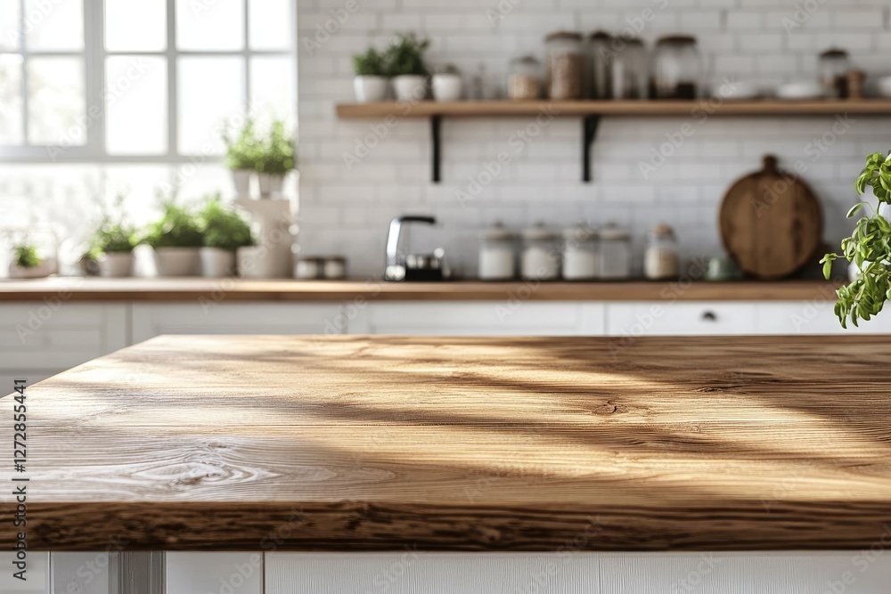 Sunlit kitchen counter, wooden surface, rustic shelves, bright room, food display Sunlit kitchen counter, wooden surface, rustic shelves, bright room, food display