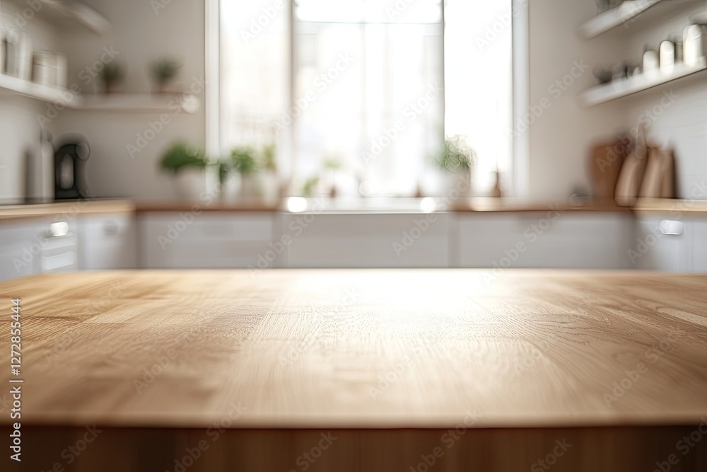 Bright kitchen, wooden table, sunlight, shelves, product display Bright kitchen, wooden table, sunlight, shelves, product display