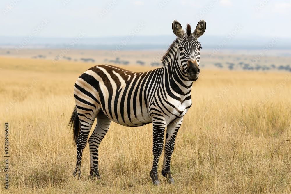 Naklejka premium Zebra standing on savanna grassland in natural habitat
