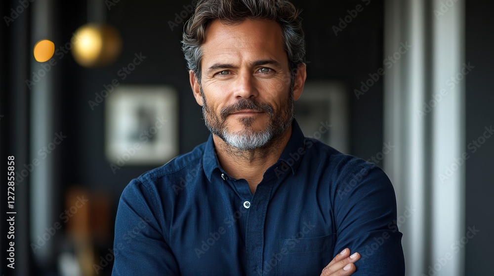Obraz premium confident professional modern businessman in deep blue shirt with crossed arms exuding leadership,expertise isolated on a sleek gray backdrop