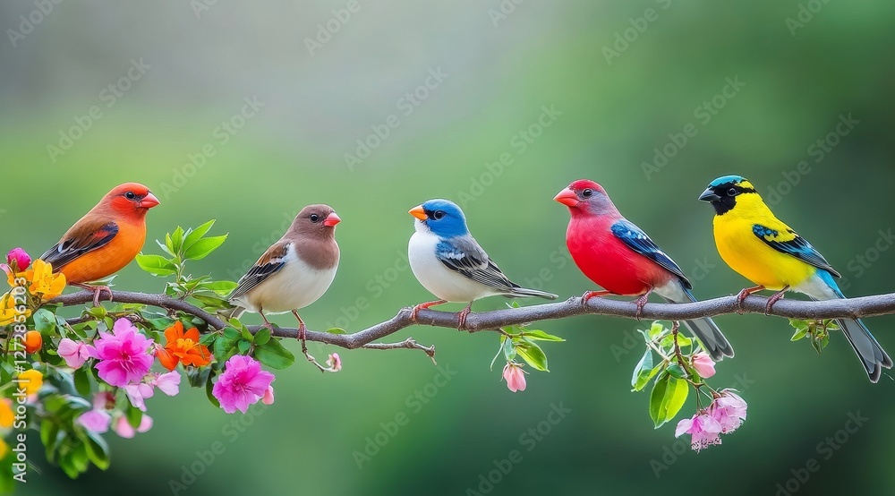 Obraz premium Colorful Birds Perched on Branch in Lush Garden Nature Photography Vibrant Scene