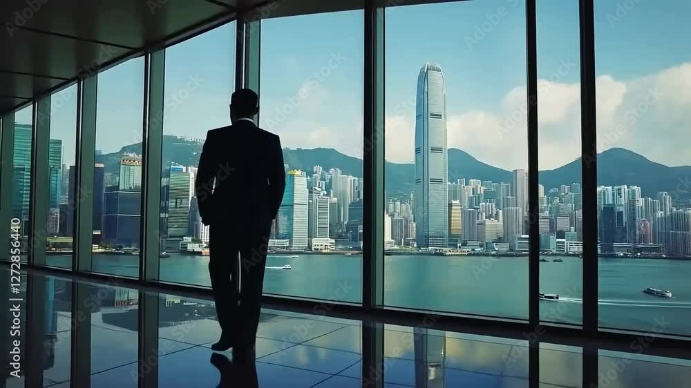 Businessman Contemplating Hong Kong Skyline from a Modern Office Businessman Contemplating Hong Kong Skyline from a Modern Office