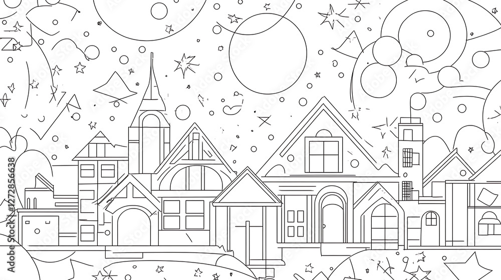 Fototapeta premium Whimsical Urban Dreamscape Featuring Houses Stars and Celestial Spheres Artful Outlines.