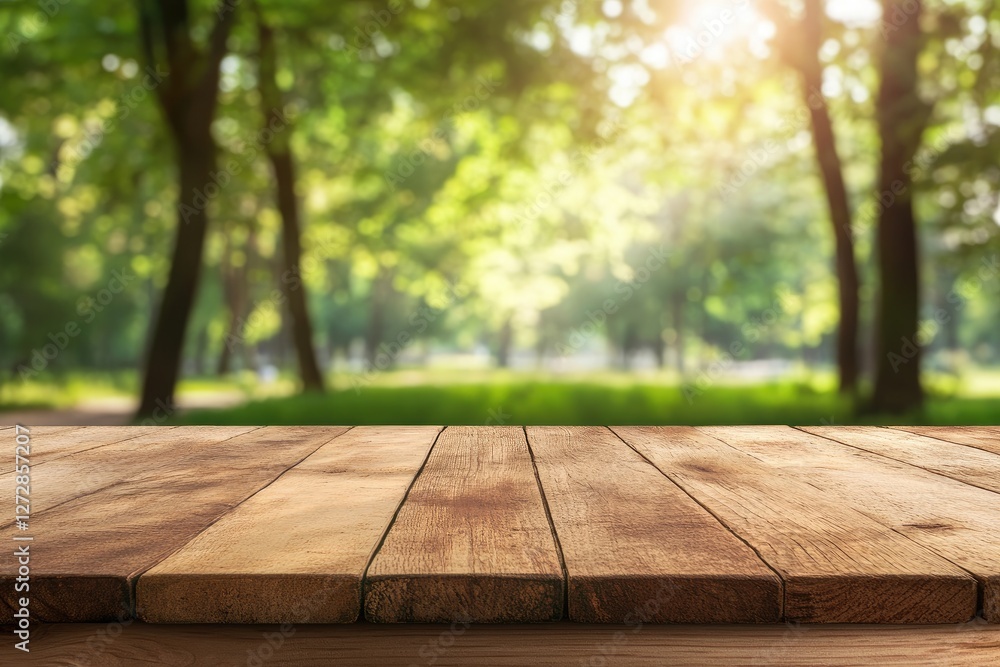 Sunny park wood table, nature backdrop, product display Sunny park wood table, nature backdrop, product display