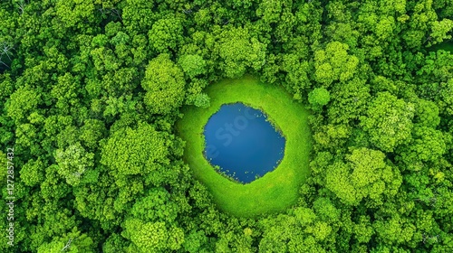 Aerial view of lush green forest surrounding a tranquil pond