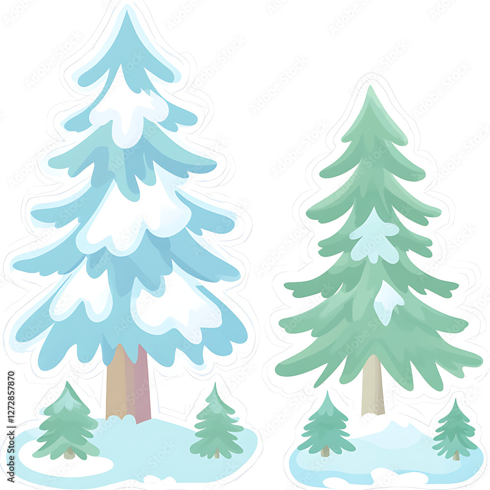 Fototapeta premium Winter Trees Landscape Scene With Evergreen and Snow Covered Deciduous Isolated on White Background.