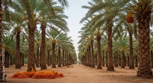 Serene Date Palm Oasis: A picturesque view of a date palm plantation