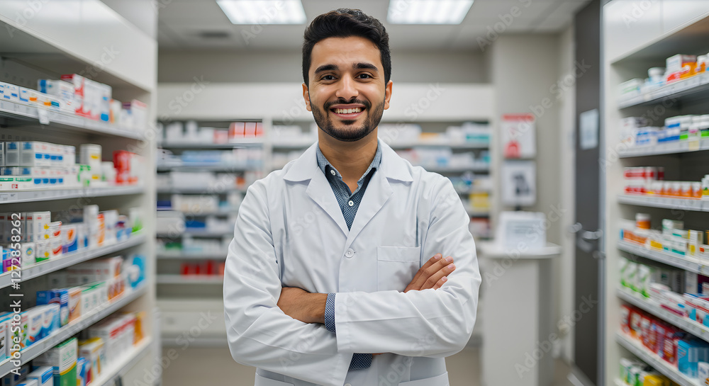 Male Pharmacist in Pharmacy, Generative AI image, Confident Pharmacist in Drugstore, Generative AI image Male Pharmacist in Pharmacy, Generative AI image, Confident Pharmacist in Drugstore, Generative AI image