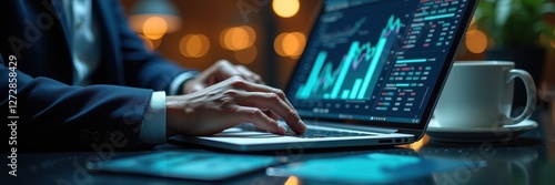 A professional analyzing data on a laptop, showcasing financial charts and graphs. Perfect for finance, analytics, and business development themes.
