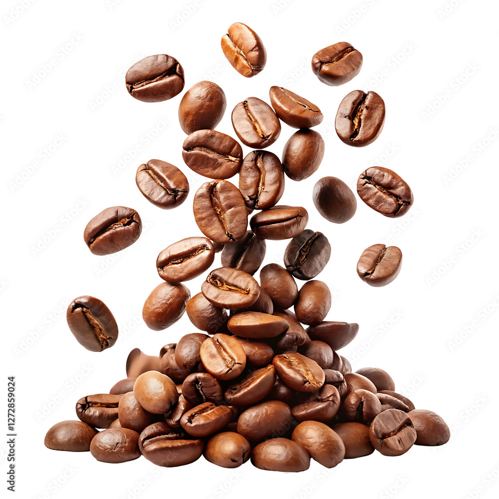 Falling coffee beans isolated on transparent background Falling coffee beans isolated on transparent background
