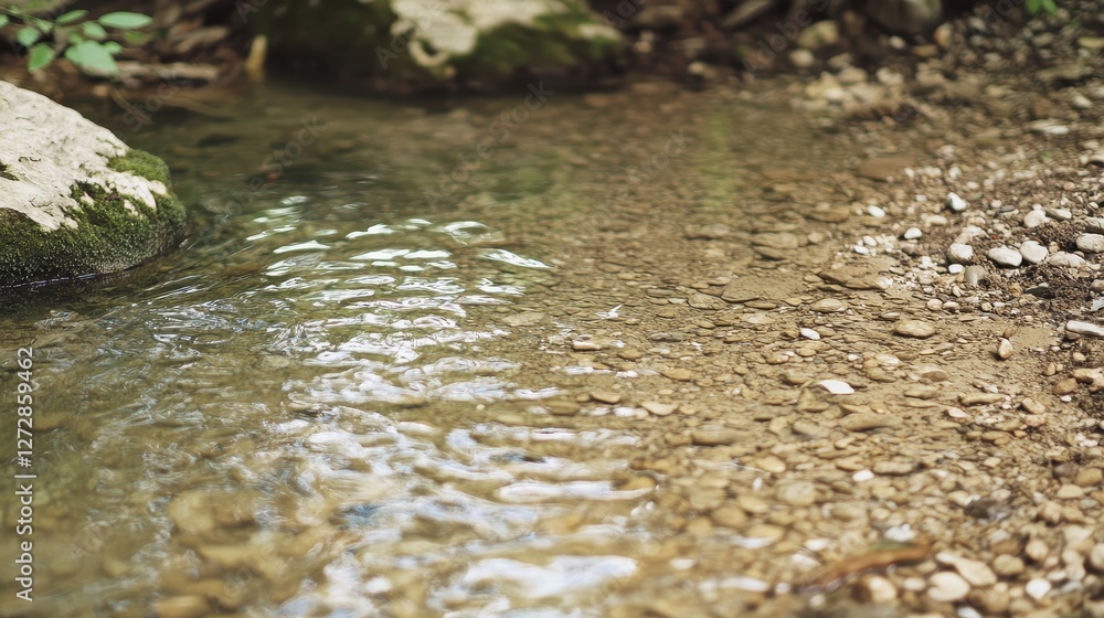Fototapeta premium Tranquil Stream Flowing Over Pebbled Riverbed in Lush Forest