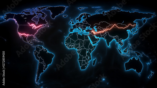 Wallpaper Mural World Map With Illuminated Route Tracing Across Continents Displaying Global Network Connection. Torontodigital.ca