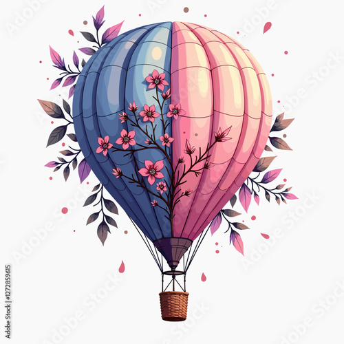 Colorful hot air balloon with floral design, whimsical adventure