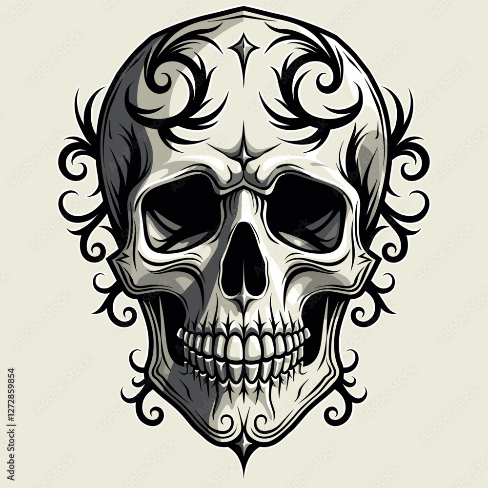 Fototapeta premium Decorative skull design with intricate swirls, artistic symbolism