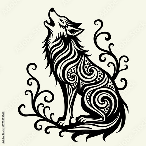 Stylized wolf howling with intricate patterns, nature symbolism