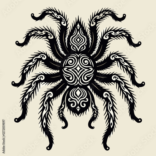 Intricate black spider illustration with swirling patterns, artistic design photo