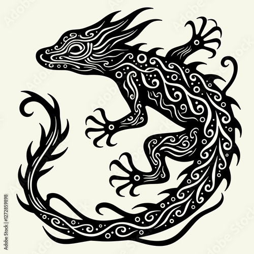 Stylized lizard climbing with intricate patterns, nature symbolism