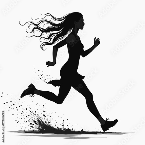 Dynamic woman running swiftly through splashes, embracing freedom