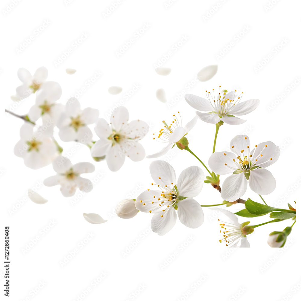 Flying white flowers isolated on transparent background Flying white flowers isolated on transparent background