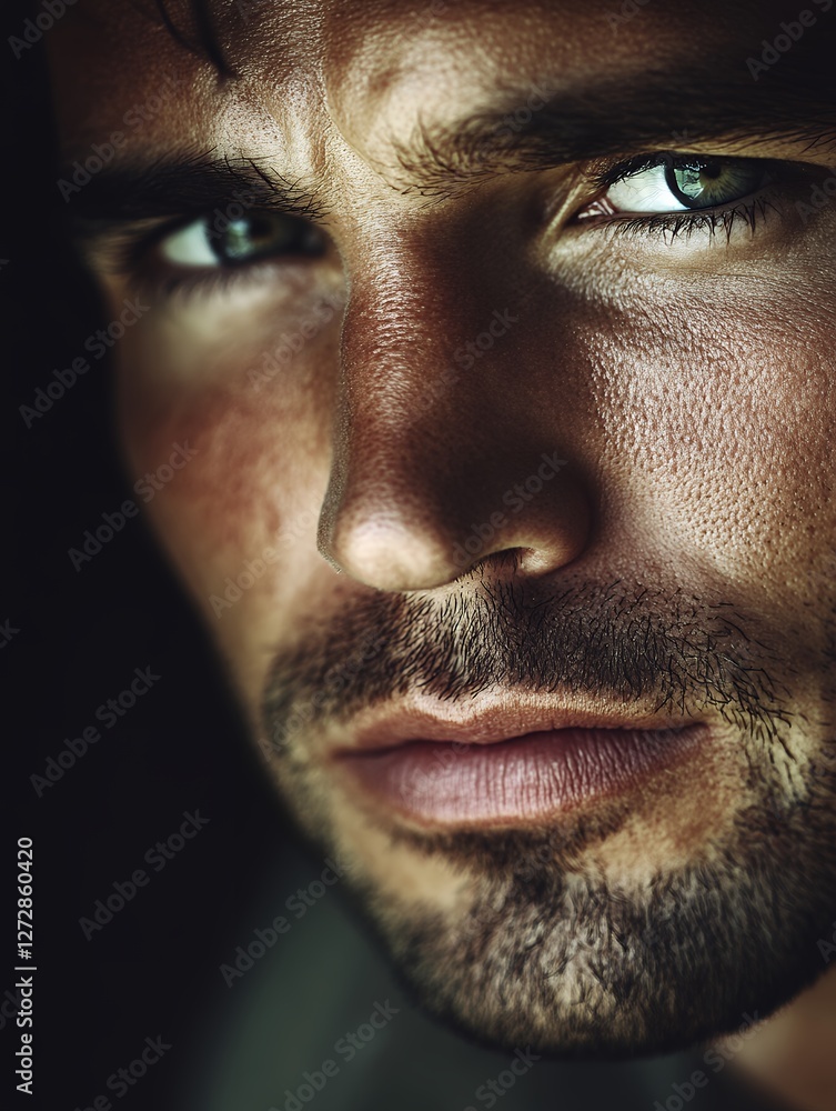 Fototapeta premium 鋭い視線の男性のクローズアップポートレート | Close-up Portrait of a Man with an Intense Gaze