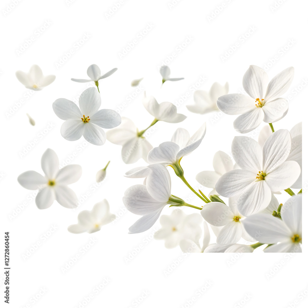 Flying white flowers isolated on transparent background Flying white flowers isolated on transparent background