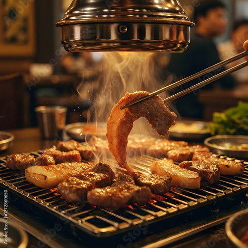 Panceta de cerdo samgyeopsal coreana asada a la parrilla con guarniciones