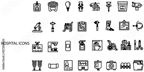 Hospital simple concept 32 icons set. Contain such Collection of vaccination, doctor, laboratory and more .Vector illustration.