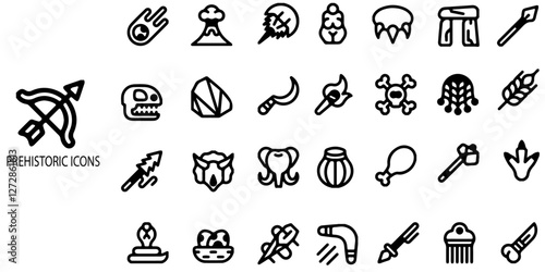 Prehistoric simple concept 28 icons set. Contain such  dolmen, dinosaur, skull, mammoth and more .Vector illustration.