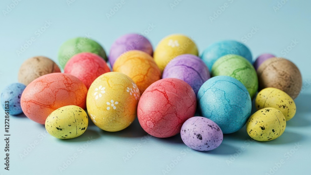 Colorful Easter eggs arranged on a blue surface, symbolizing spring. Colorful Easter eggs arranged on a blue surface, symbolizing spring.