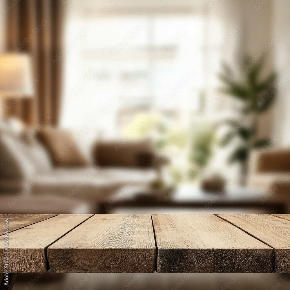 Wooden table, living room, blurred background, display, home decor Wooden table, living room, blurred background, display, home decor