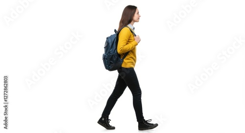 Student Walking with Backpack, Side View, Full Body Shot